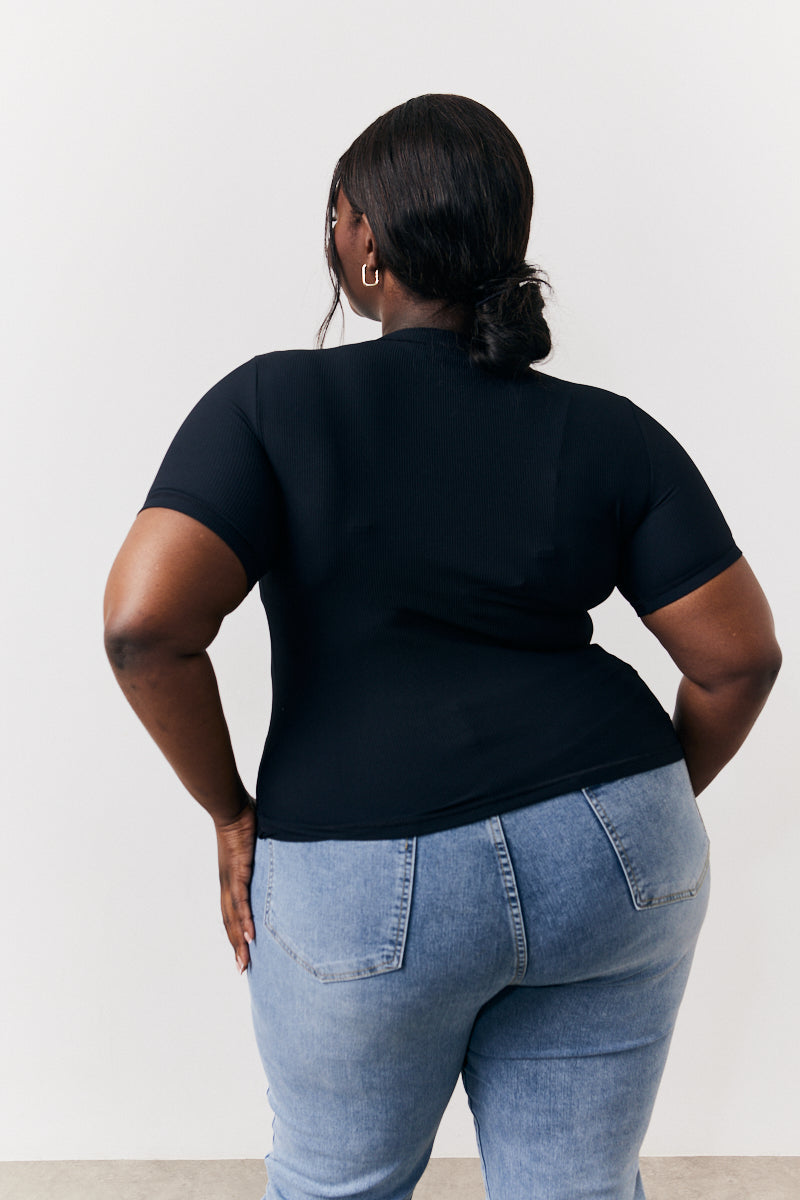 Black Ribbed Crew Neck Short Sleeve Top