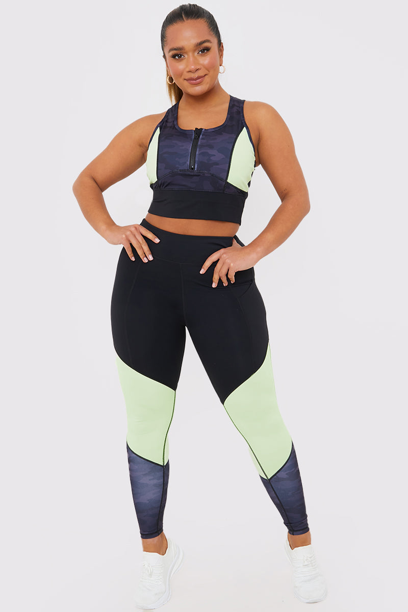 Camo Contrast Zip Crop Top