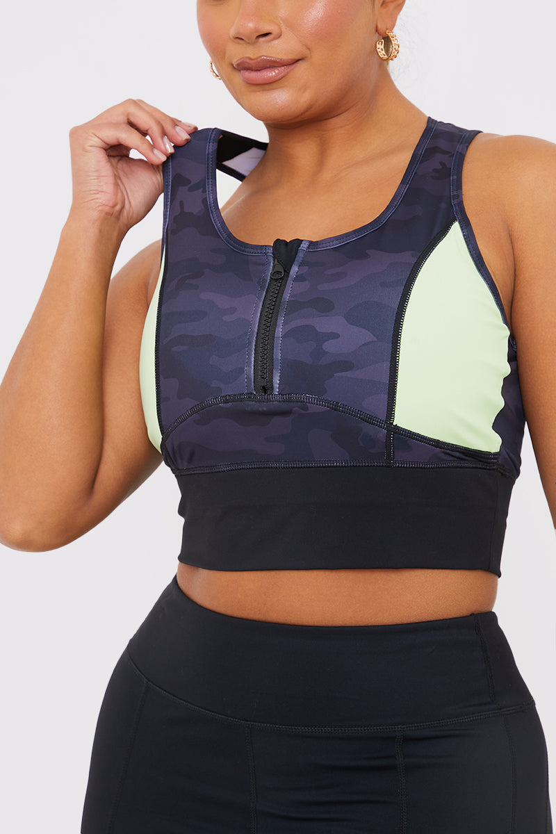 Camo Contrast Zip Crop Top
