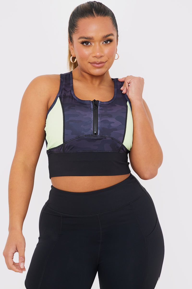 Camo Contrast Zip Crop Top