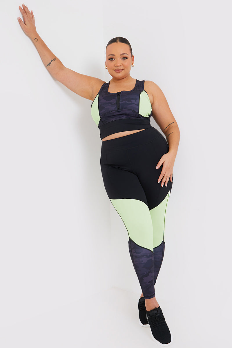 Camo Contrast Zip Crop Top