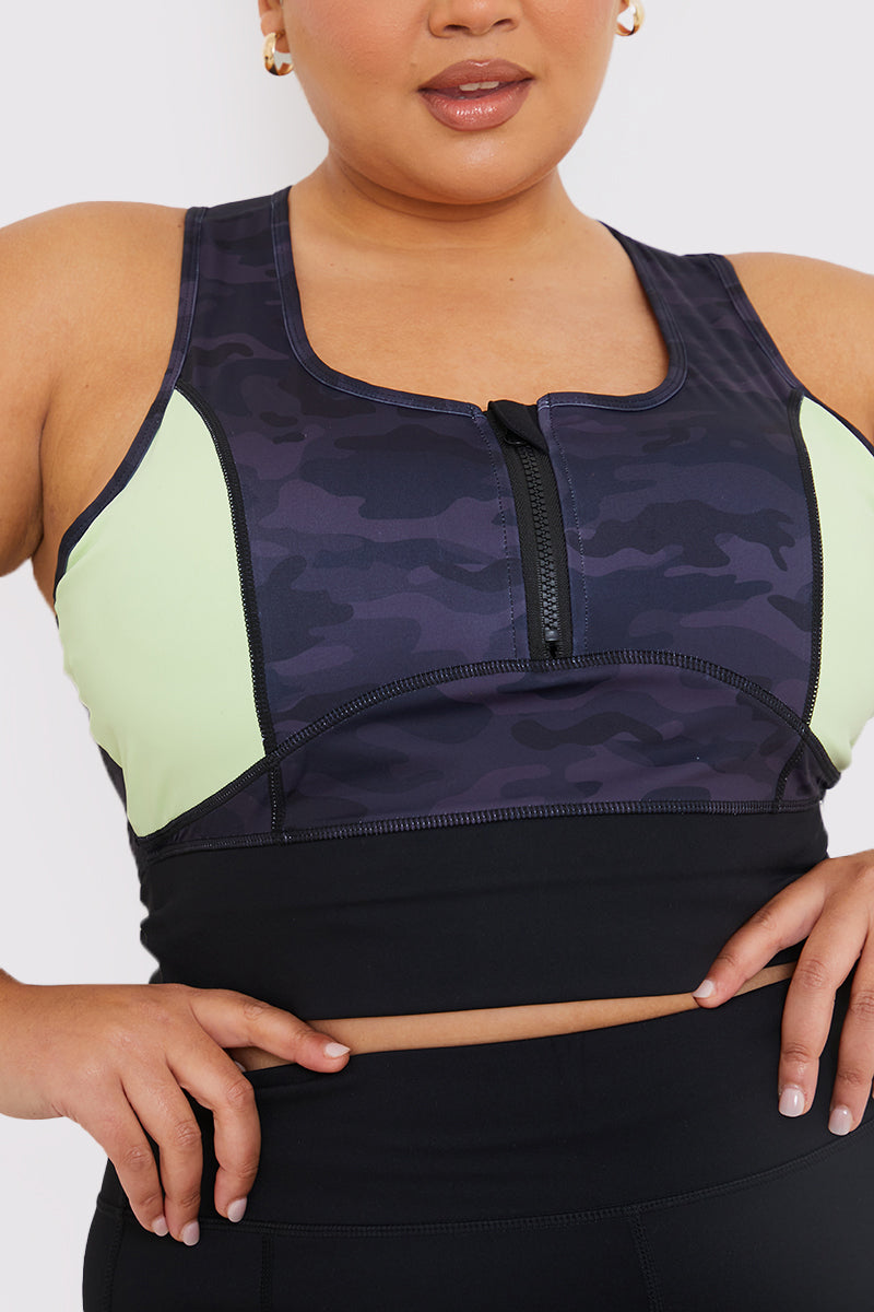 Camo Contrast Zip Crop Top