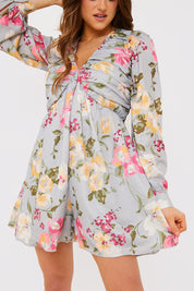 Floral Balloon Sleeve Ruched Bodice Playsuit