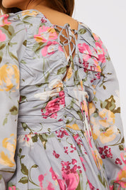 Floral Balloon Sleeve Ruched Bodice Playsuit