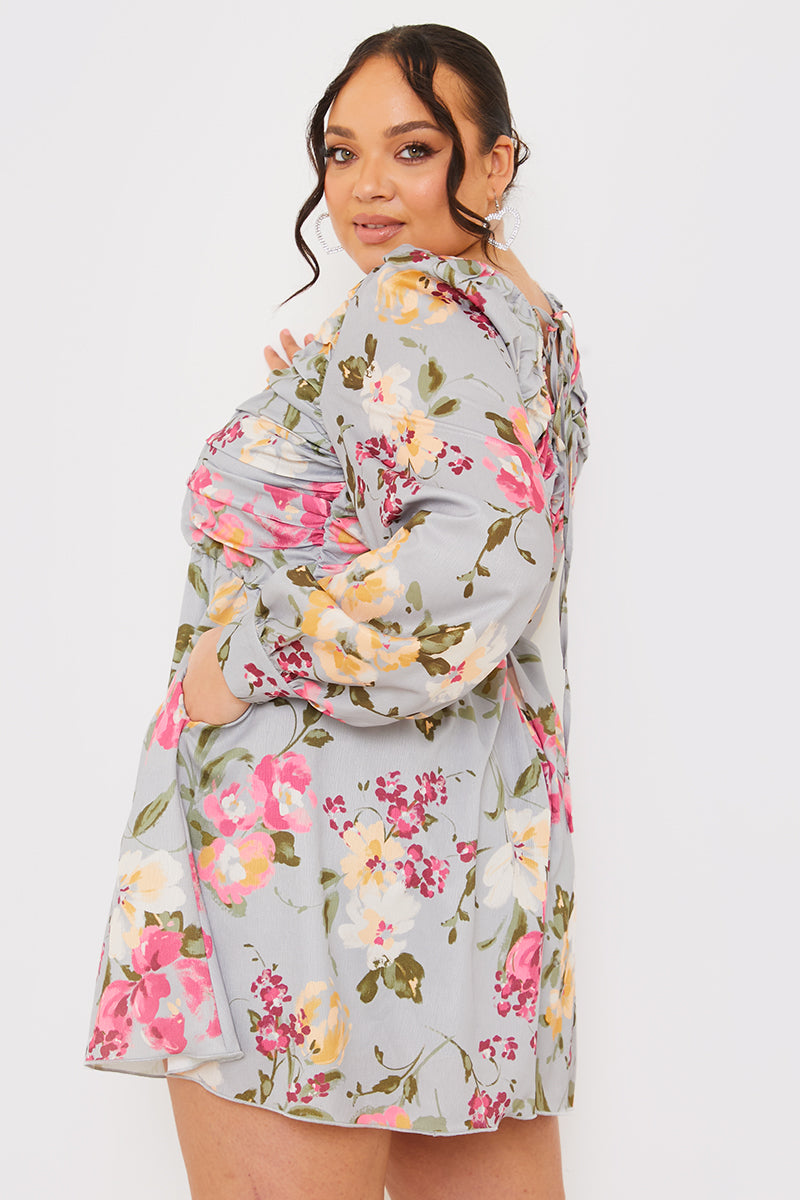 Floral Balloon Sleeve Ruched Bodice Playsuit