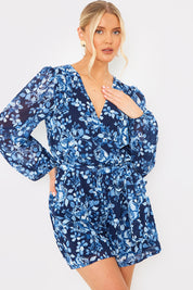 Floral Wrap Balloon Sleeve Playsuit