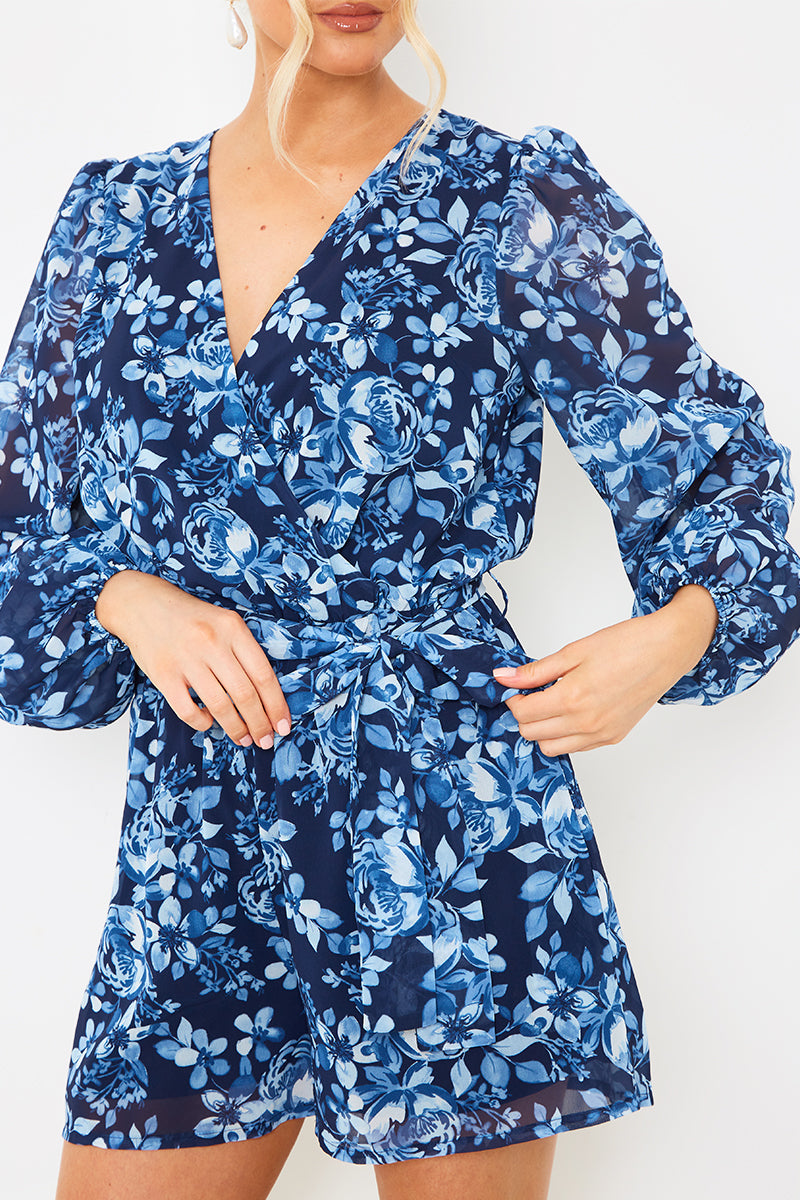 Floral Wrap Balloon Sleeve Playsuit