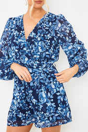Floral Wrap Balloon Sleeve Playsuit