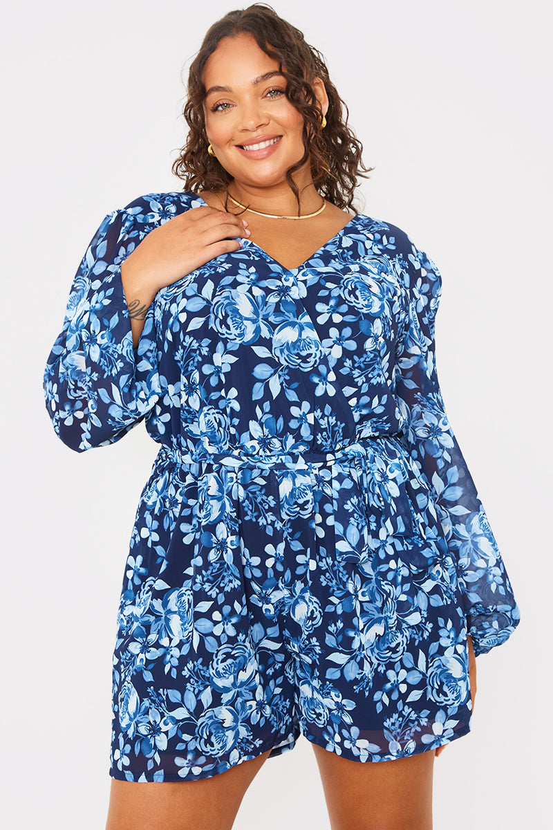 Floral Wrap Balloon Sleeve Playsuit