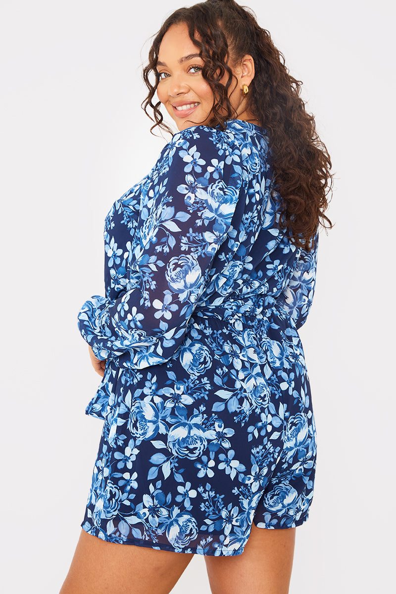 Floral Wrap Balloon Sleeve Playsuit
