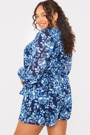 Floral Wrap Balloon Sleeve Playsuit