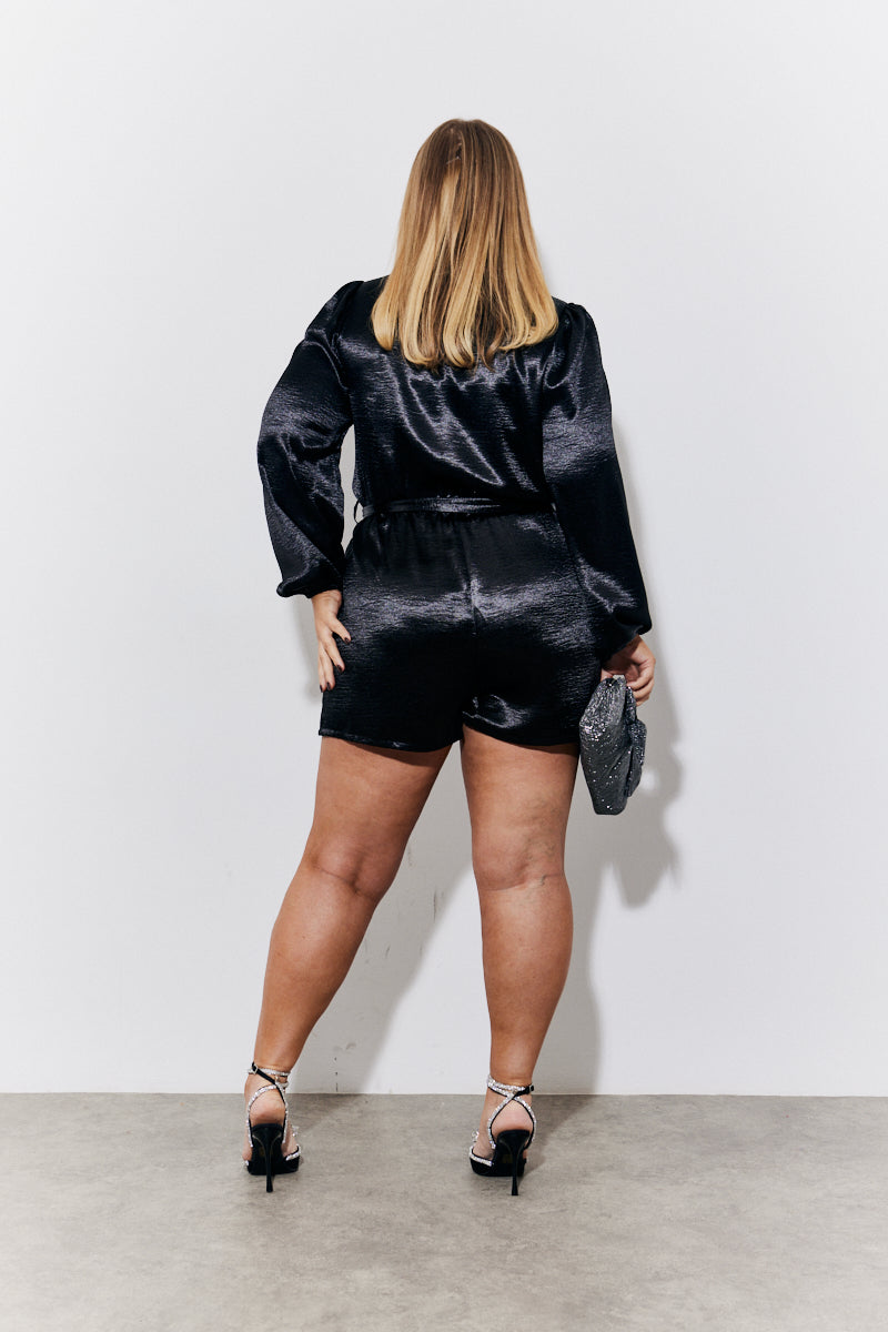 Black Liquid Satin Belted Detail Playsuit
