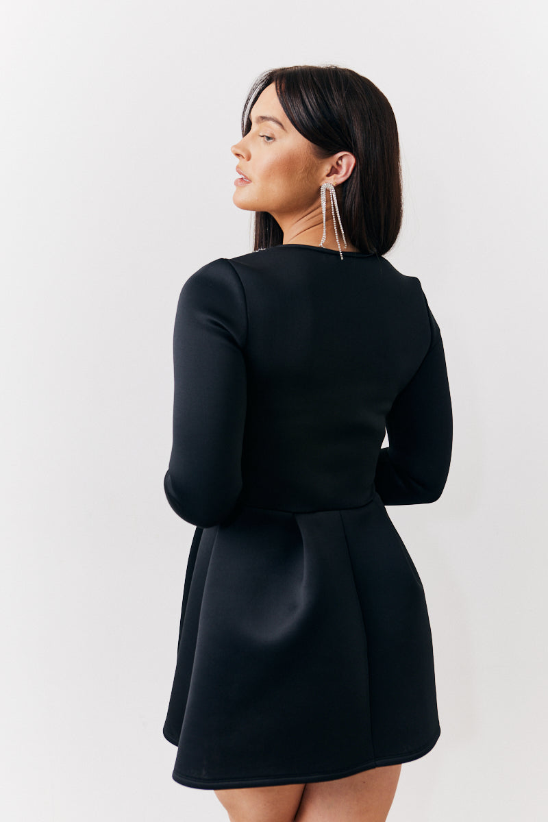 Embellished Neckline Black Mini Dress