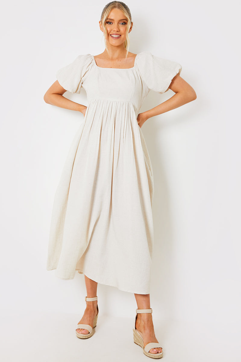 Linen Blend Puff Sleeve Square Neck Midaxi Dress – InTheStyle