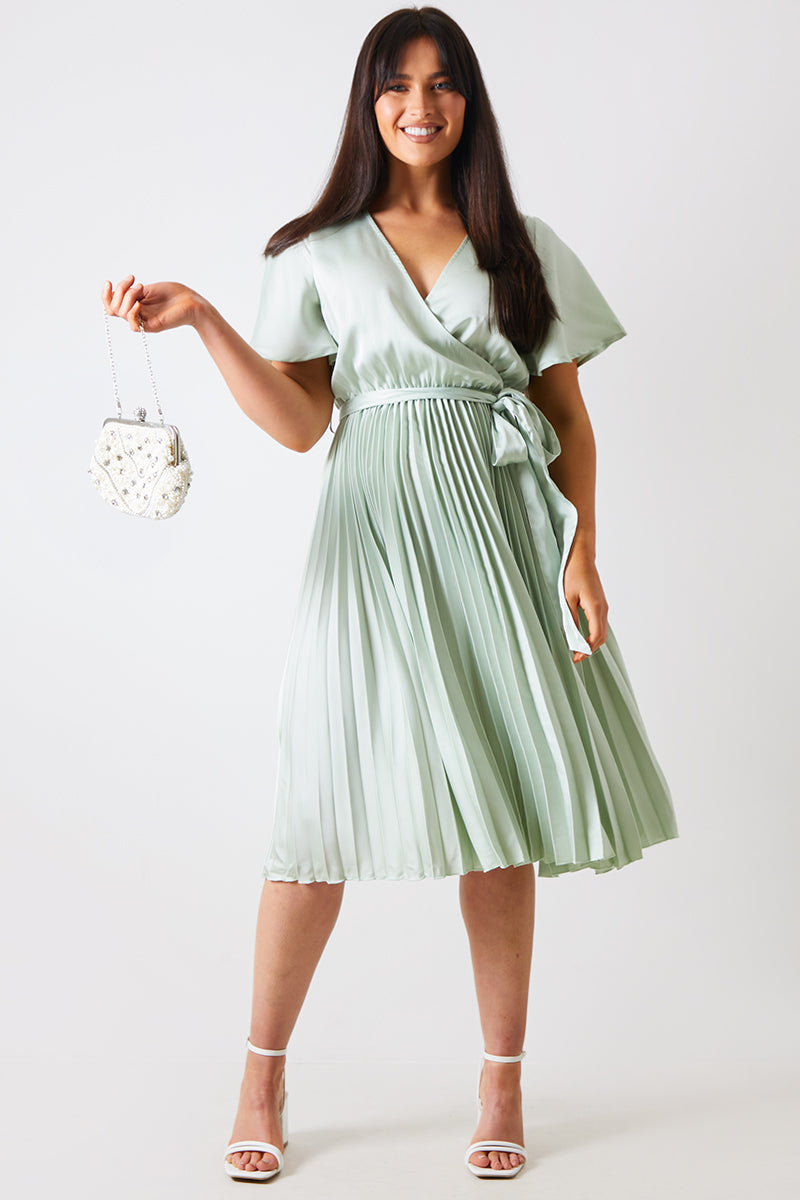 angel sleeve midi dress wedding guest Angel Sleeve Pleated Wrap Midi Dress – InTheStyle