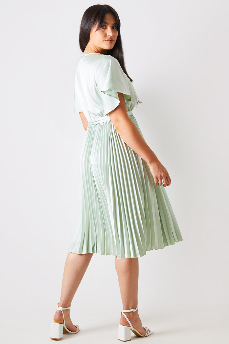 Angel Sleeve Pleated Wrap Midi Dress