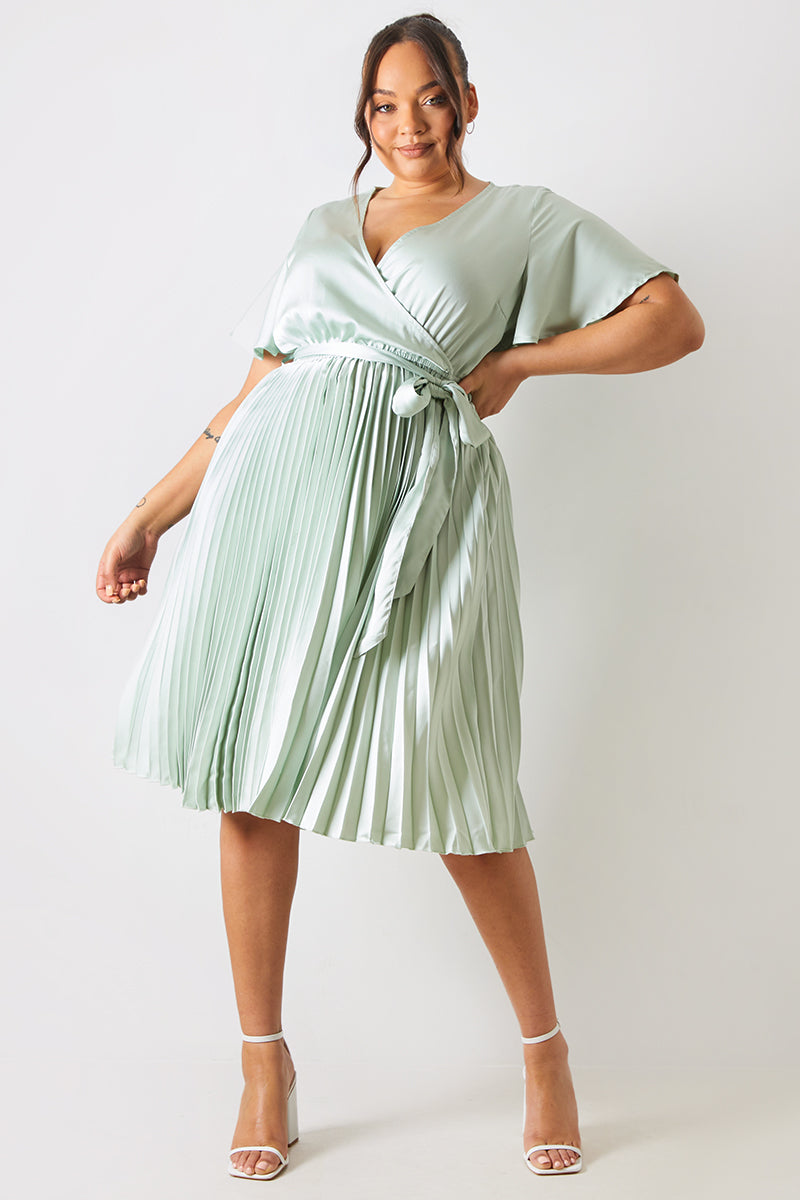 Angel Sleeve Pleated Wrap Midi Dress