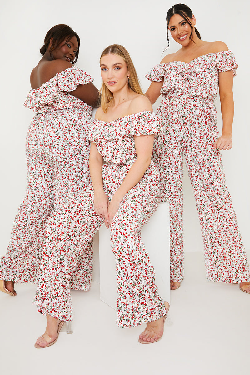 Ditsy Floral Print Wrap Bardot Jumpsuit