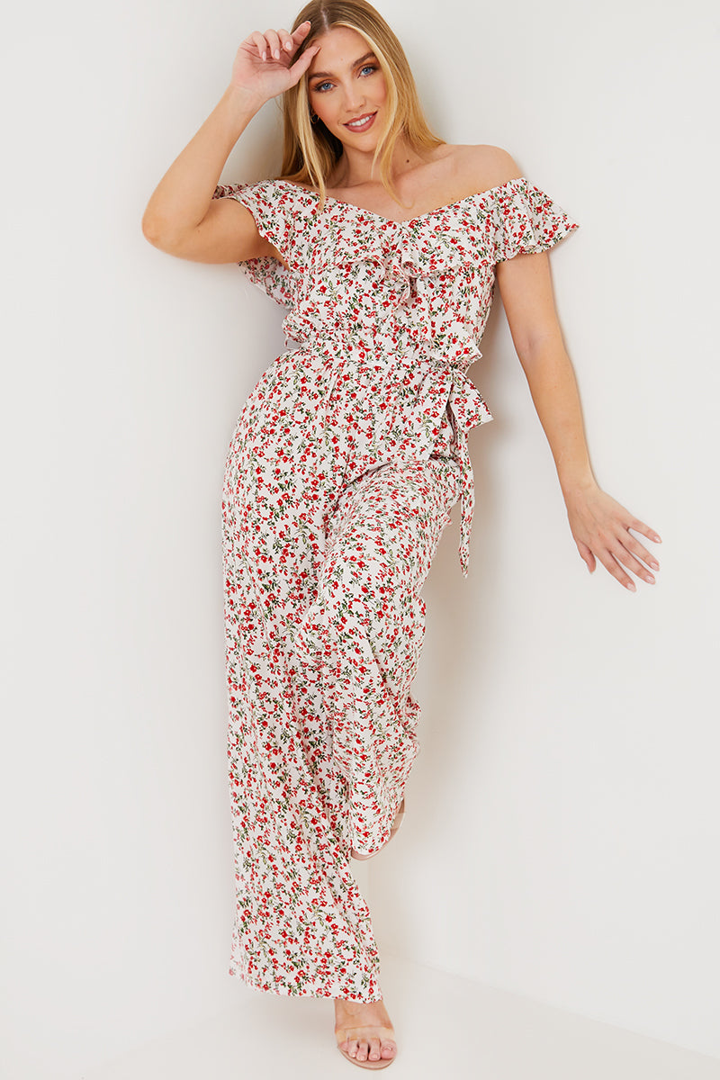Ditsy Floral Print Wrap Bardot Jumpsuit