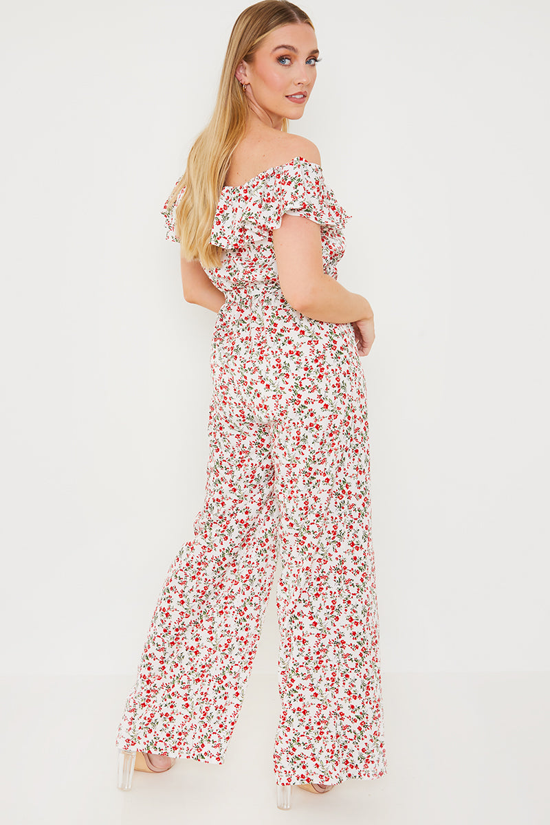 Ditsy Floral Print Wrap Bardot Jumpsuit