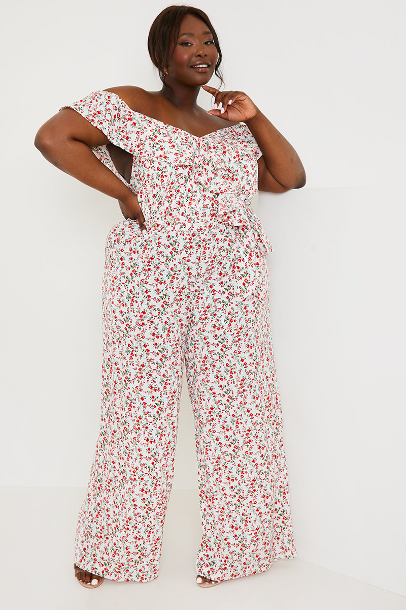 Ditsy Floral Print Wrap Bardot Jumpsuit