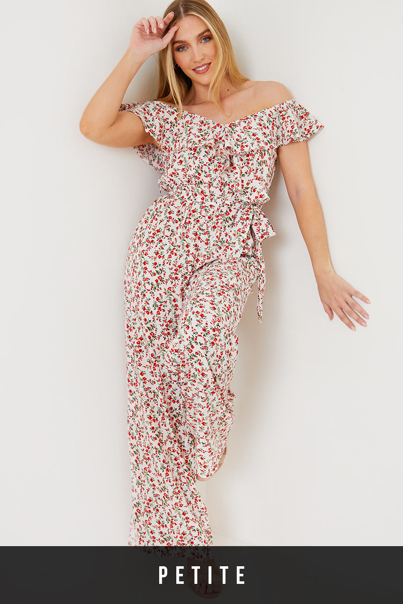 Ditsy Floral Print Wrap Bardot Jumpsuit