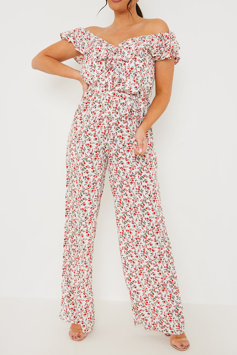 Ditsy Floral Print Wrap Bardot Jumpsuit