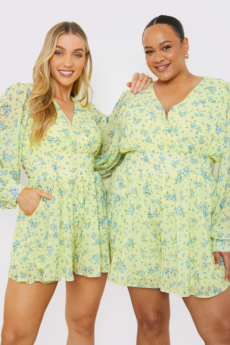 Printed Wrap Playsuit with Balloon Sleeves