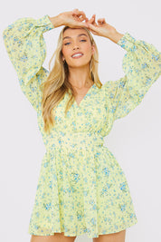 Printed Wrap Playsuit with Balloon Sleeves