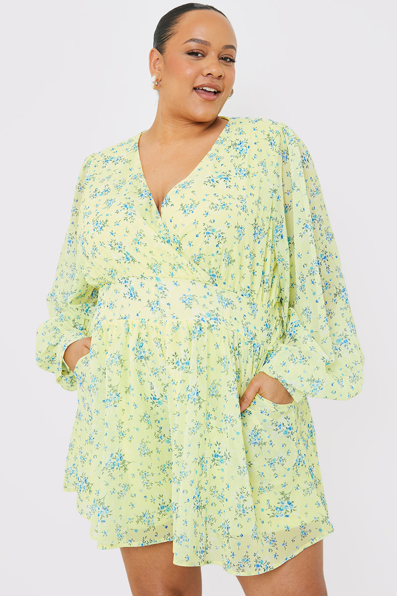 Printed Wrap Playsuit with Balloon Sleeves