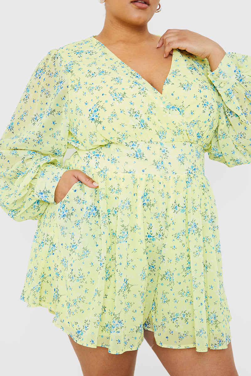 Printed Wrap Playsuit with Balloon Sleeves