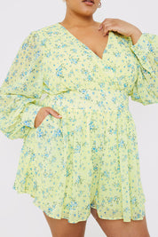Printed Wrap Playsuit with Balloon Sleeves
