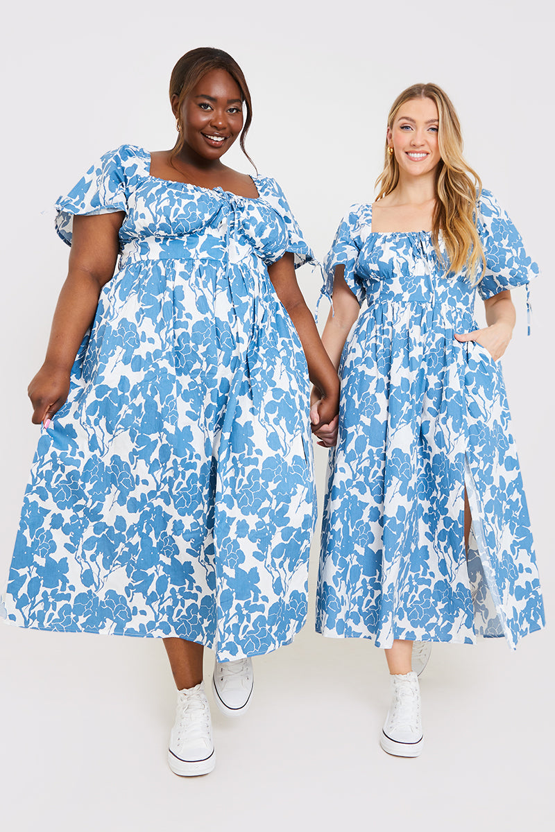 Floral Print Puff Sleeve Sweetheart Midi Dress