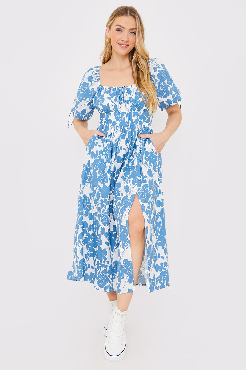Floral Print Puff Sleeve Sweetheart Midi Dress