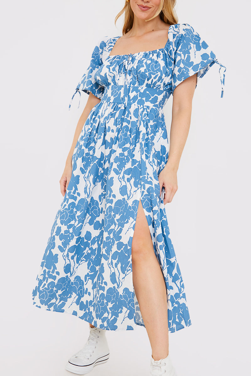 Floral Print Puff Sleeve Sweetheart Midi Dress