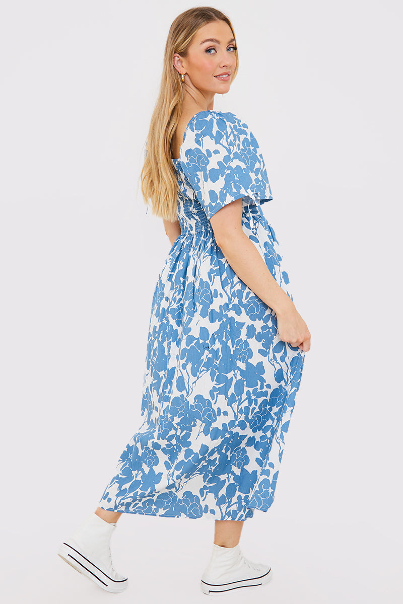 Floral Print Puff Sleeve Sweetheart Midi Dress