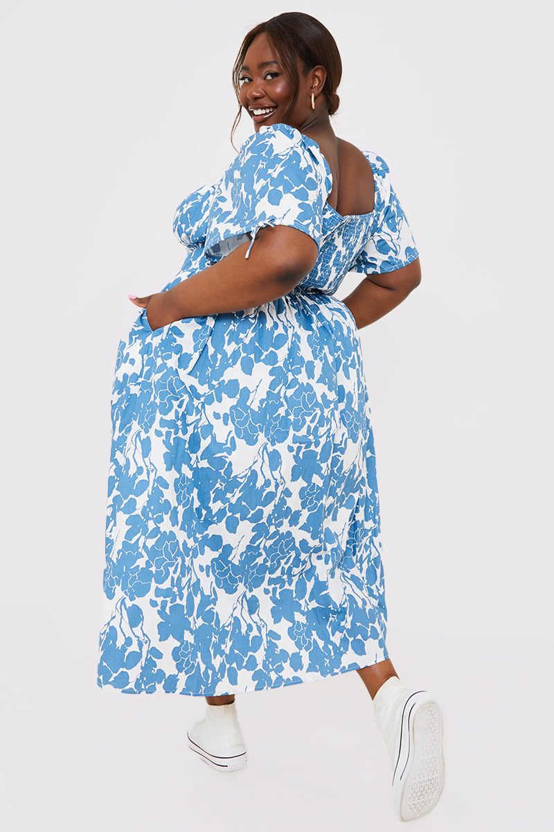 Floral Print Puff Sleeve Sweetheart Midi Dress