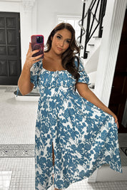 Floral Print Puff Sleeve Sweetheart Midi Dress