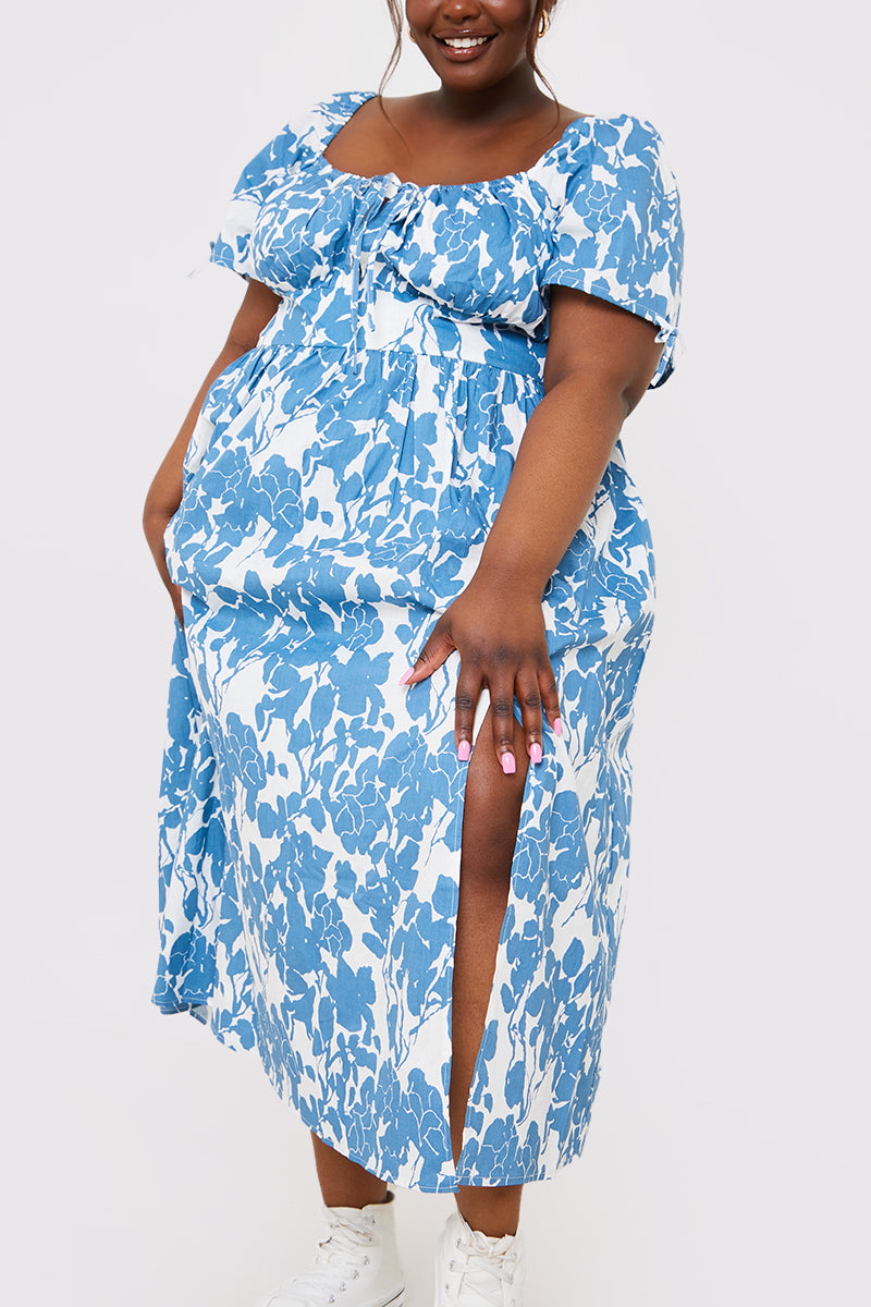 Floral Print Puff Sleeve Sweetheart Midi Dress