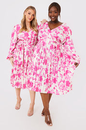 Floral Print Long Sleeve Pleated Midi Dress