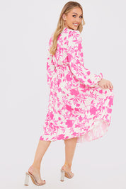 Floral Print Long Sleeve Pleated Midi Dress