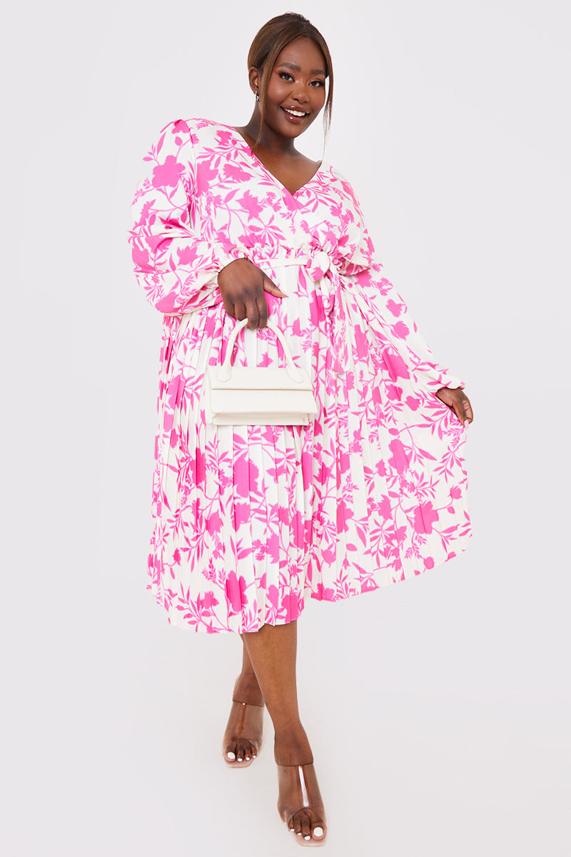 Floral Print Long Sleeve Pleated Midi Dress