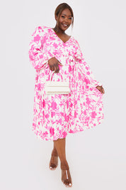 Floral Print Long Sleeve Pleated Midi Dress