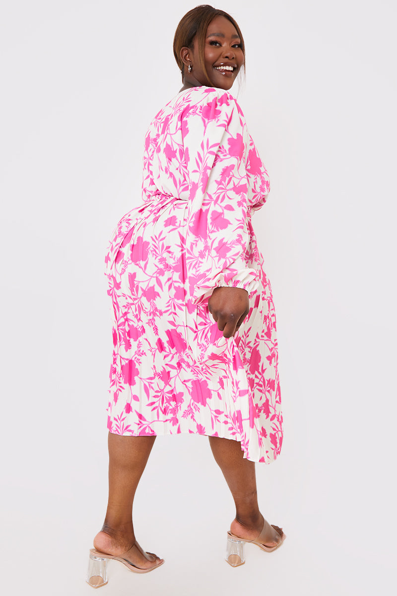 Floral Print Long Sleeve Pleated Midi Dress