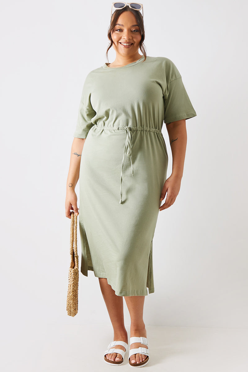 DRAWSTRING WAIST SPLIT HEM TSHIRT DRESS