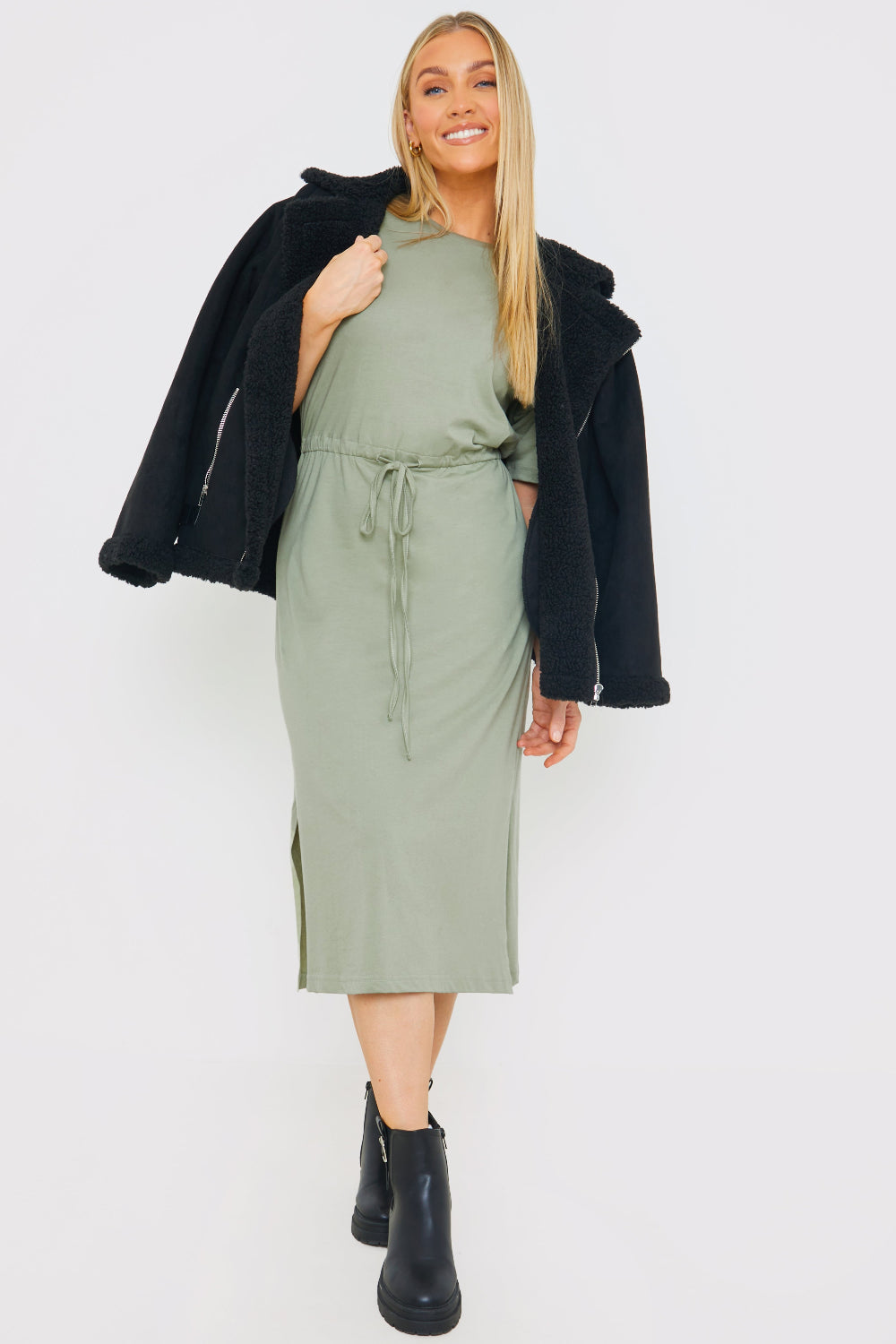 DRAWSTRING WAIST SPLIT HEM TSHIRT DRESS