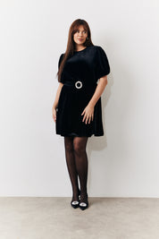 Velvet Embellished Belt Mini Dress