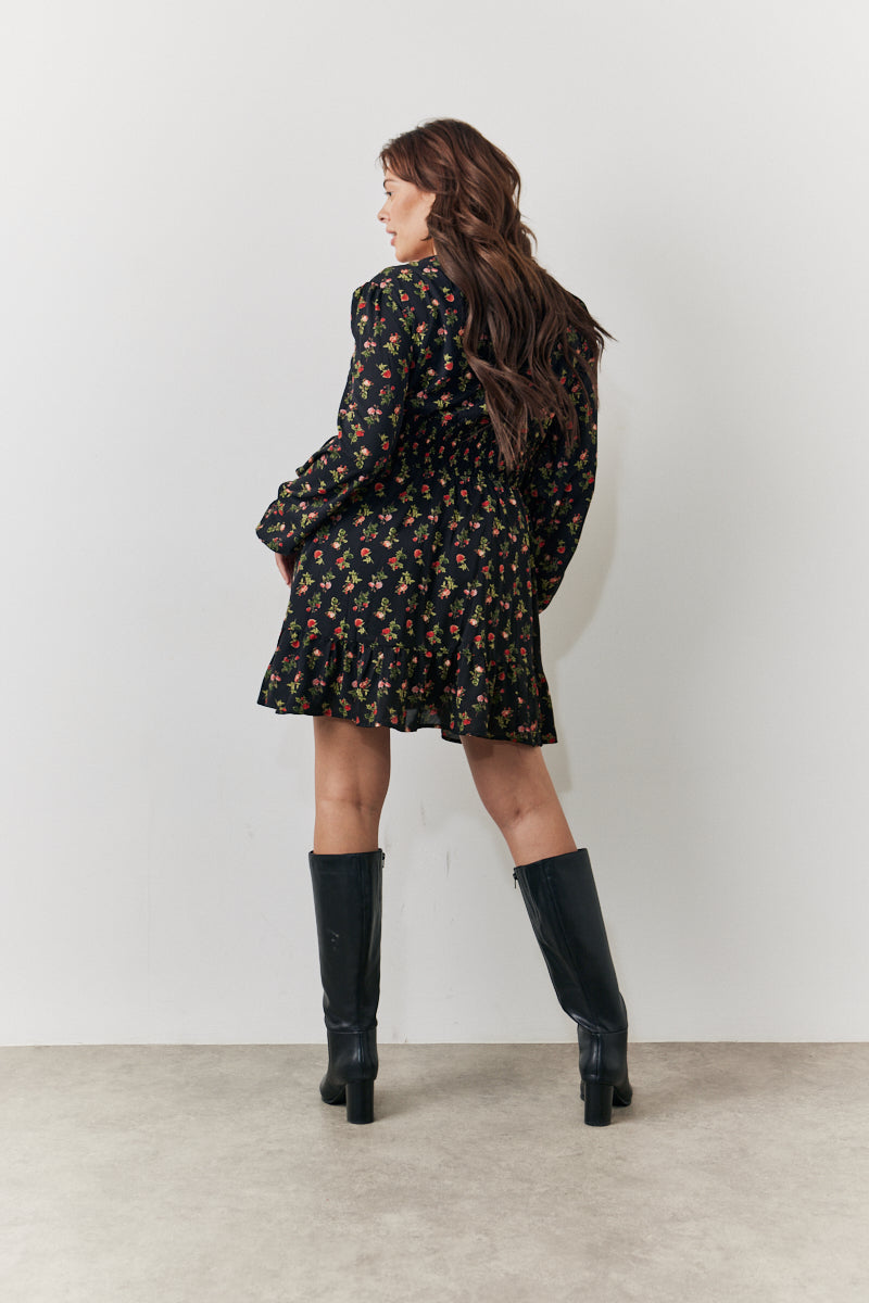 Rose Print Wrap Front Chiffon Mini Skater Dress