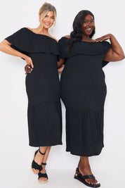 Textured Frill Bardot Midi Dress