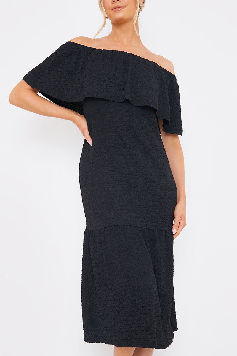 Textured Frill Bardot Midi Dress